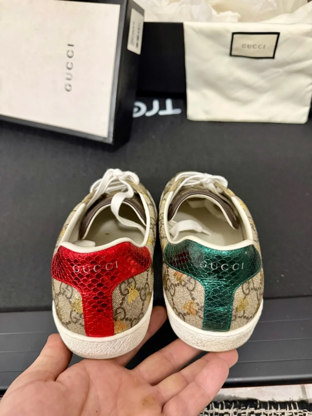 Gucci Beige Monogram Ace Sneaker with Green & Red Web